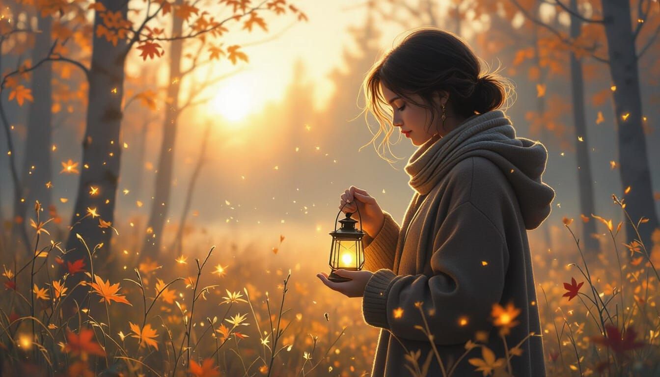 Peaceful Forest Clearing with Lantern at Sunset