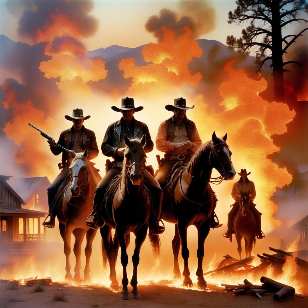 Outlaws on Horseback in Burning Western Village