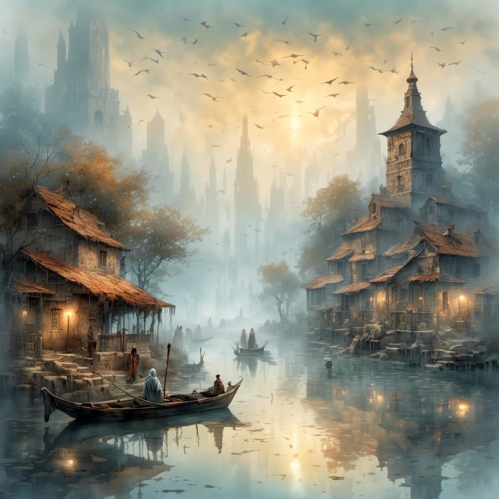 Misty Lake Village in Watercolor Style