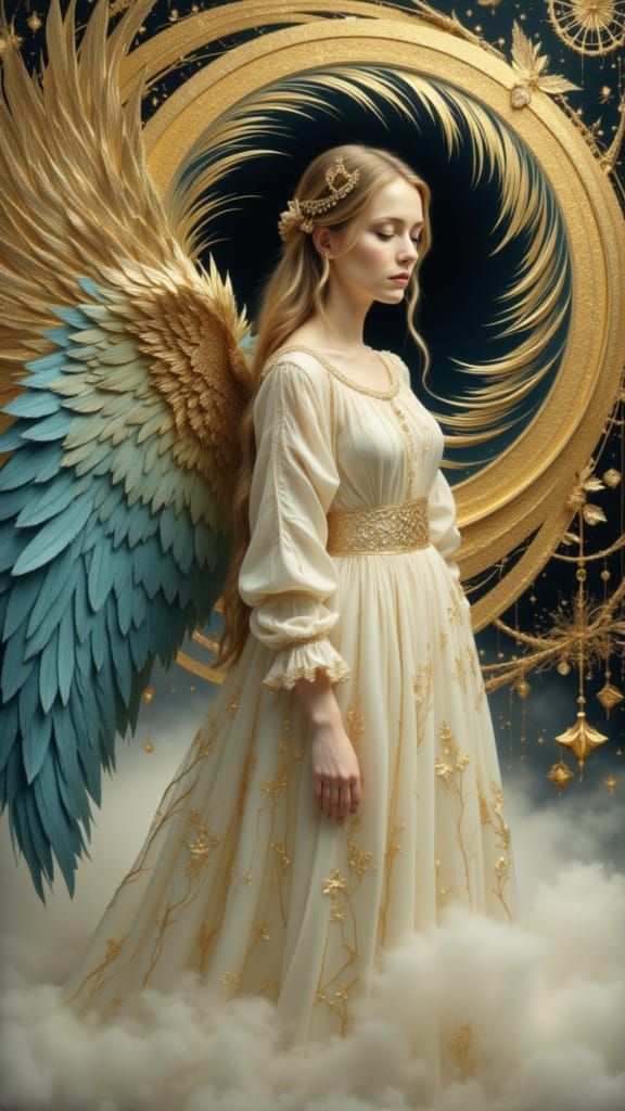Ethereal Woman with Feathered Wing in Golden Light
