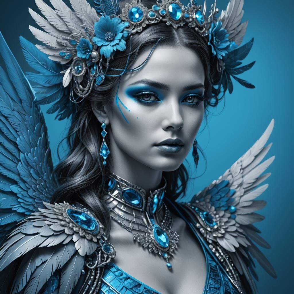 Monochrome cyan  Hyperrealistic portrait of a beautiful woma...