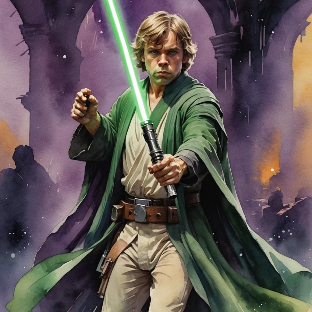 Luke Skywalker Lightsaber Watercolor in Art Nouveau Style