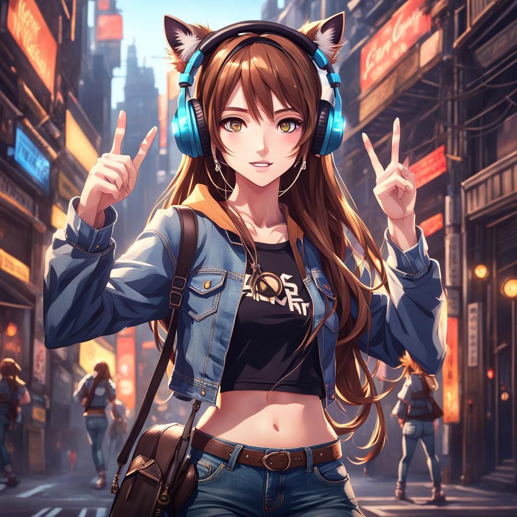 Anime Girl with Cat Ears Peace Sign, Detailed Painting