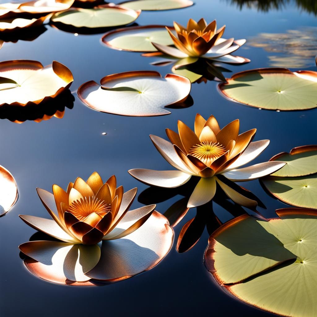 Metallic Water Lilies in a Sunlit Pond