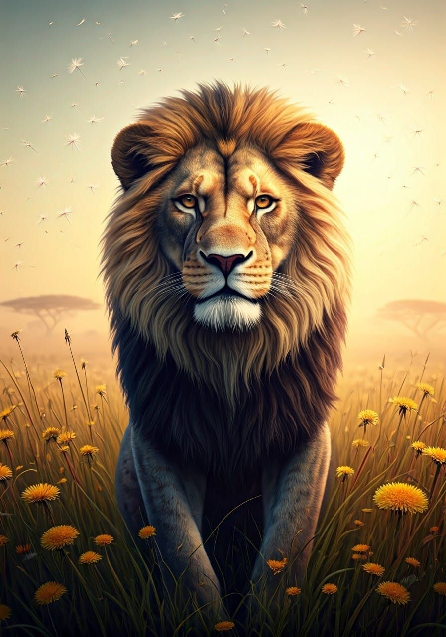 Dandelion Lion in Savannah Landscape