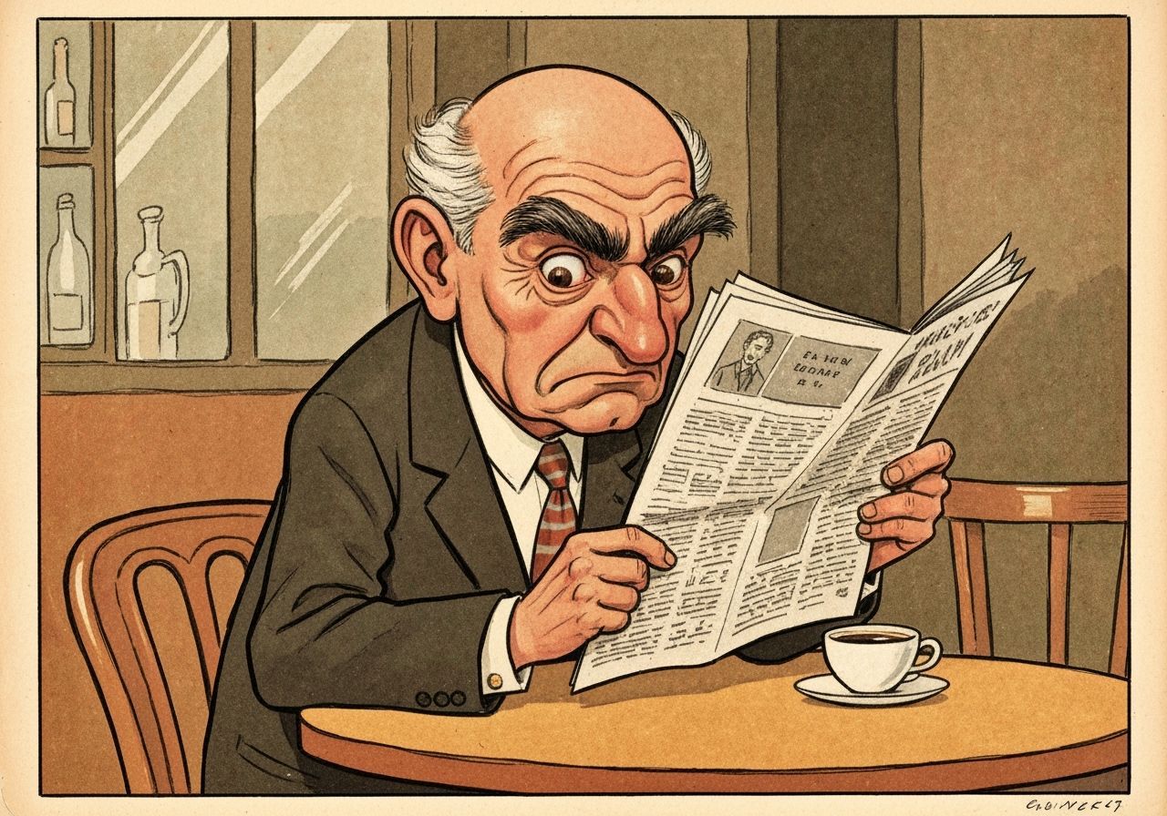 Comical 1950s Caricature Of Grumpy Old Man In Cafe