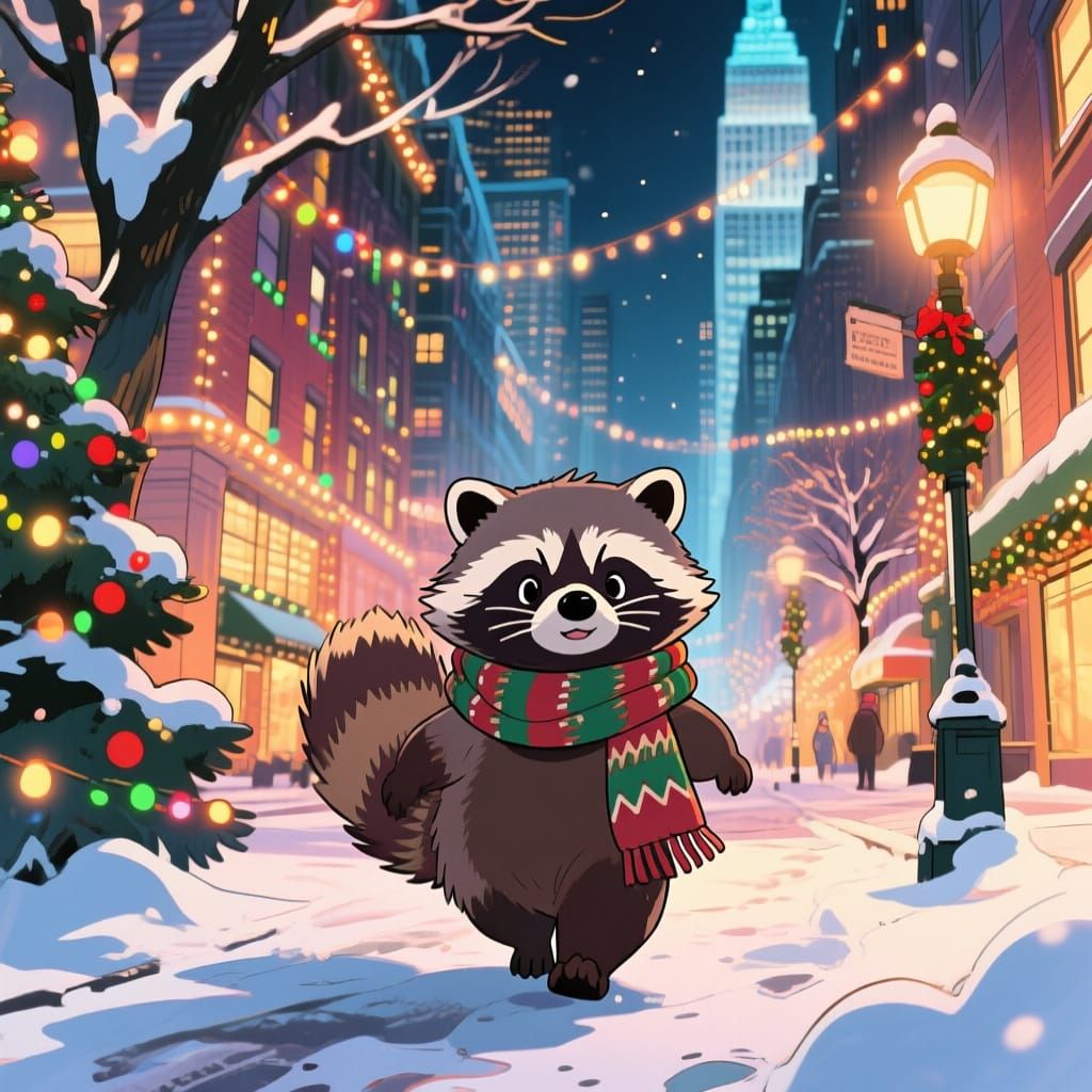 Whimsical Tanuki Explores Snowy New York Holidays