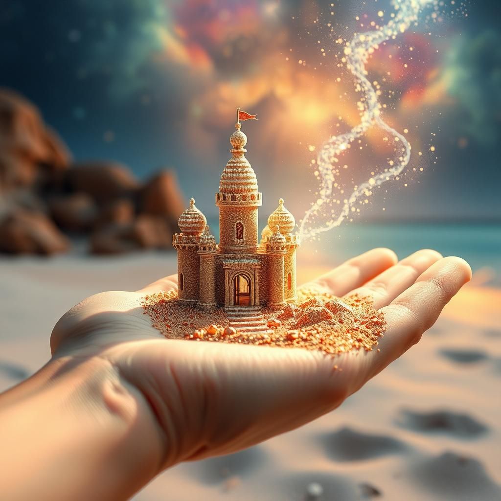 Cosmic Sandcastle on a Palm: Digital Art