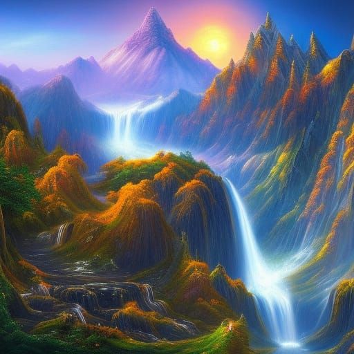 Fantastical Fairy Waterfall and Mountain Landscape