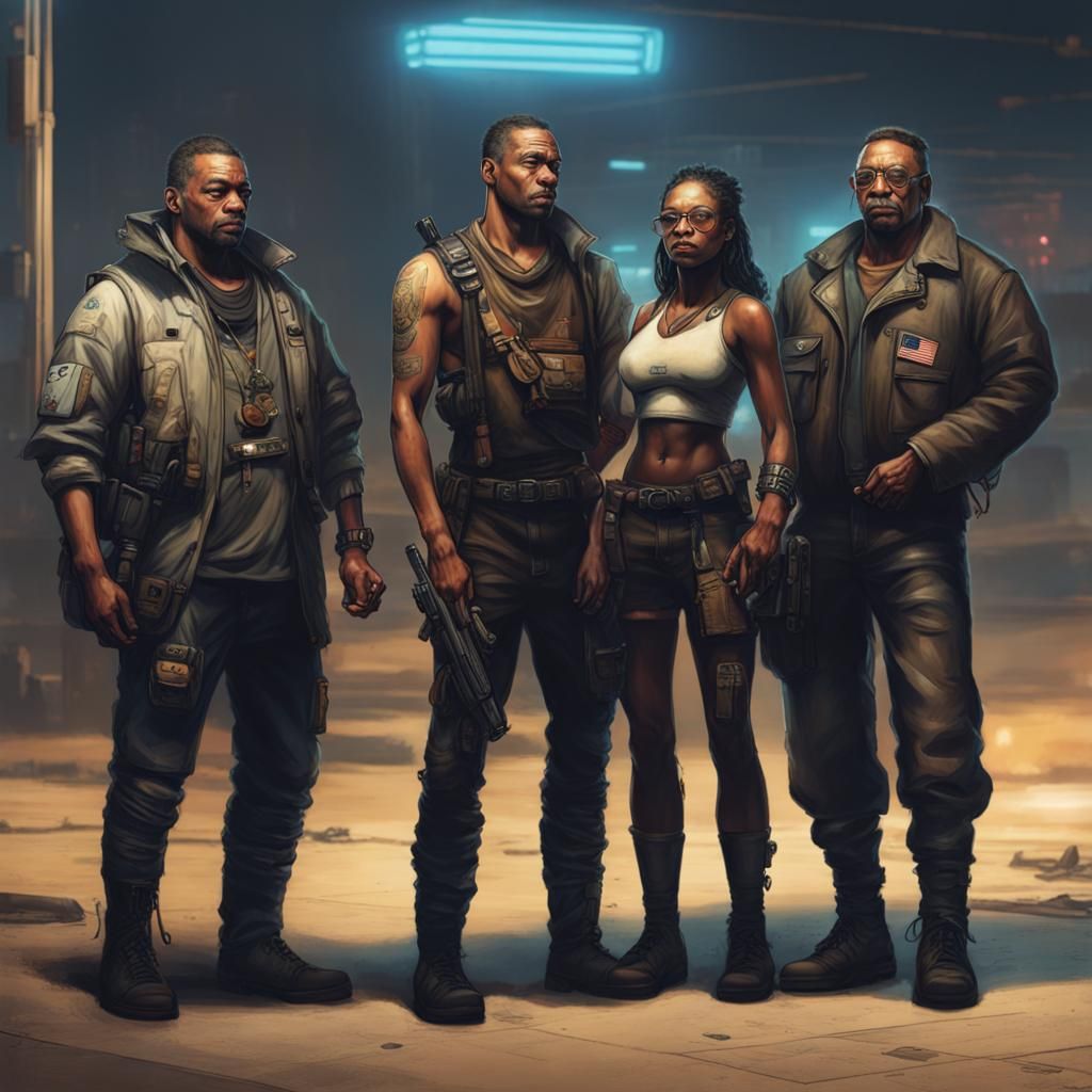 Cyberpunk Muscogee Civilians in Futuristic Setting