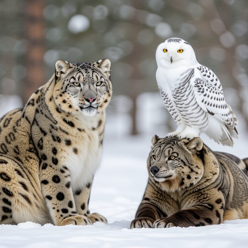 Snow Leopard, Snowy Owl, and Grizzly Cat