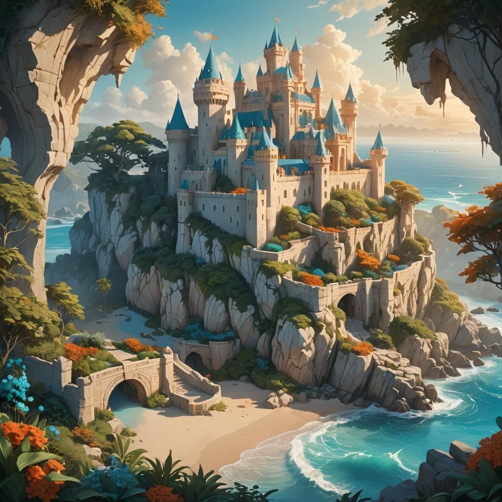 Coastal Castle Fantasy Art in Golden Light