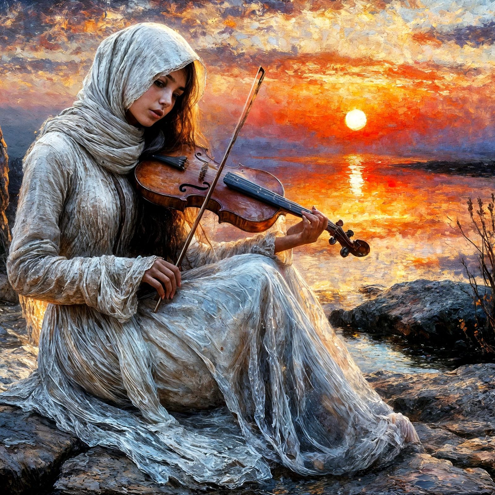 Woman with Violin at Sunset as Impasto Oil Painting