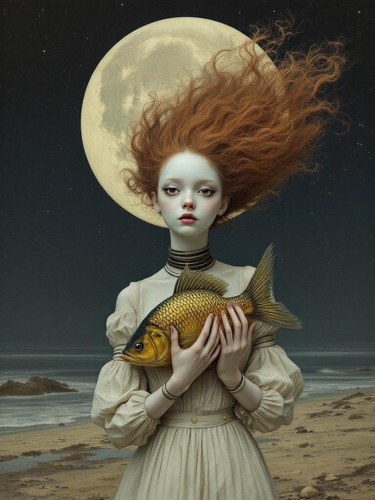 Ethereal Woman Holds Golden Fish Under Twilight Moon