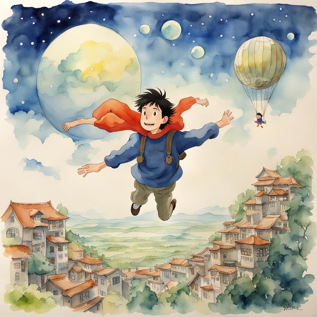 Man Hovering in Studio Ghibli Watercolor
