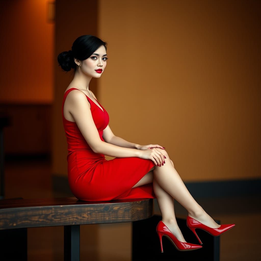 Elegant Woman in Red Dress, Fashion Editorial Portrait