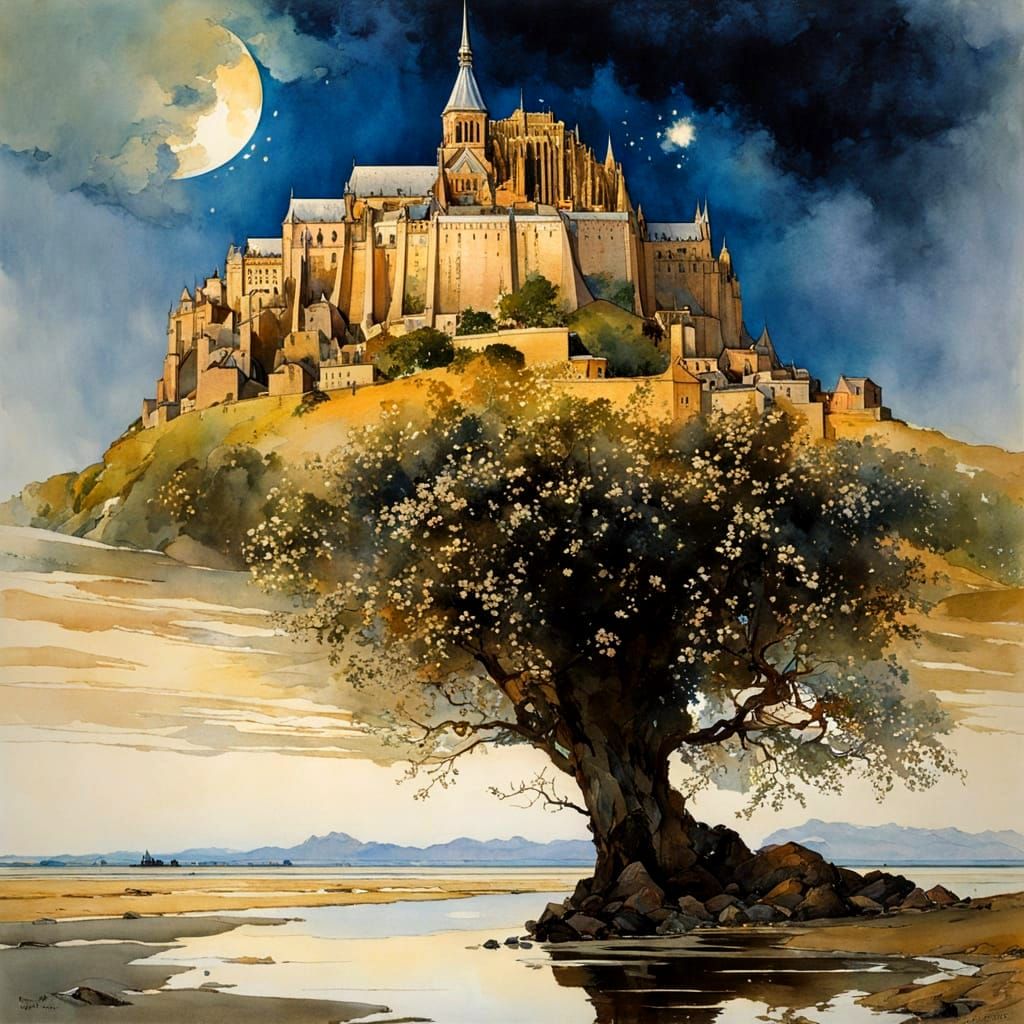 Dreamy Bay of Mont Saint Michel in Watercolor