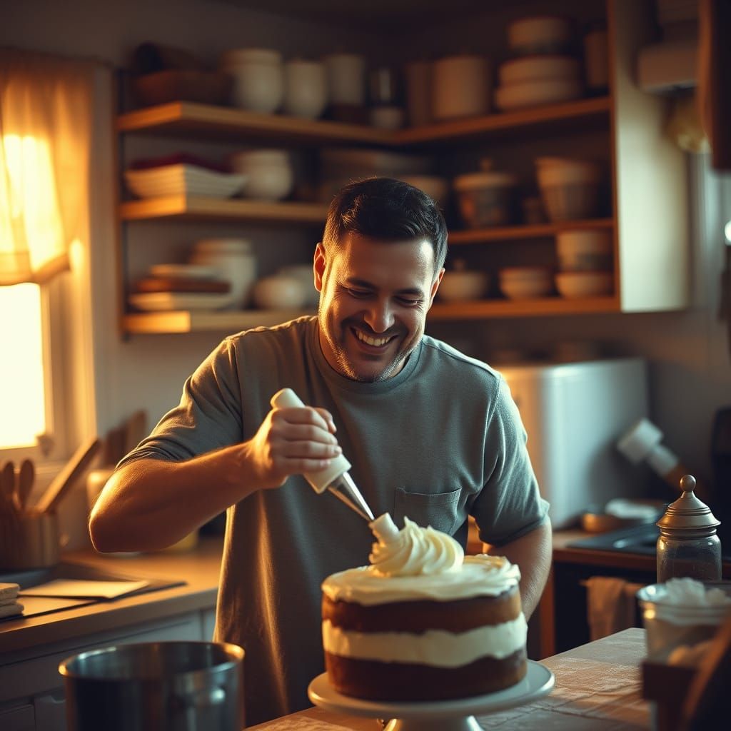 Warm Kitchen Scene with Joyful Baker