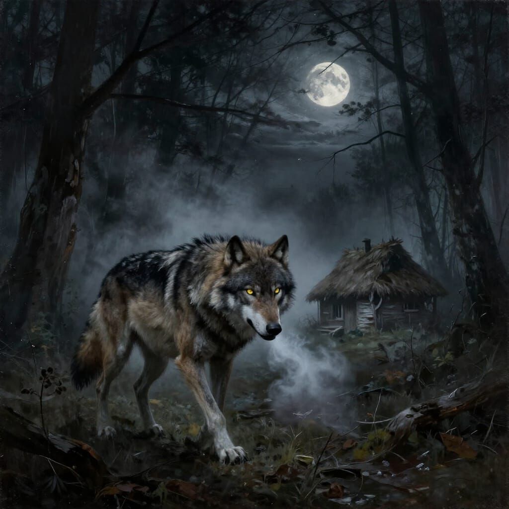 Intimidating Wolf in Eerie Forest Oil Painting