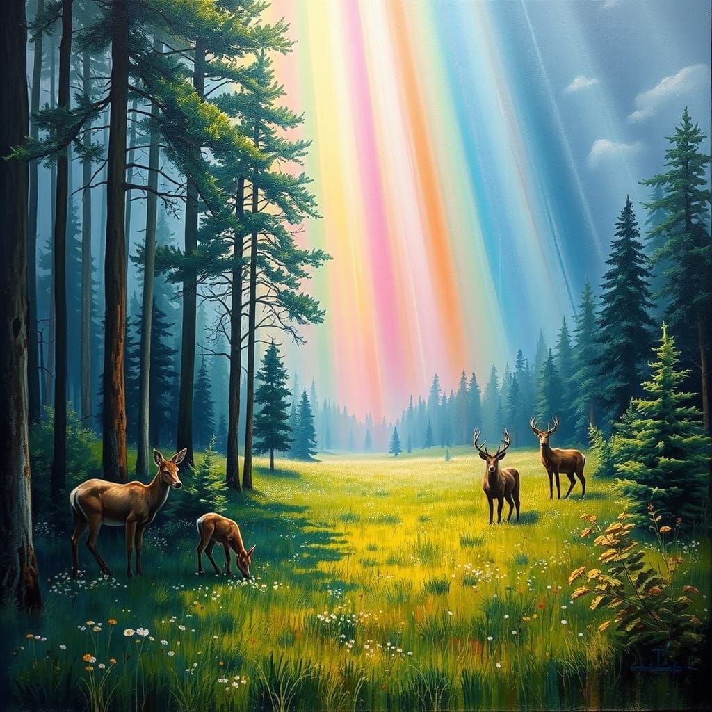 Wildlife Emerging from Forest in Rainbow Kaleidoscope