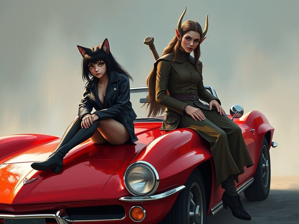Cyberpunk Cat Girl and Elf Partner on Cherry-Red Corvette