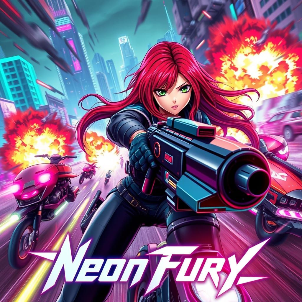 Anime Woman in Cyberpunk Cityscape: Neon Fury
