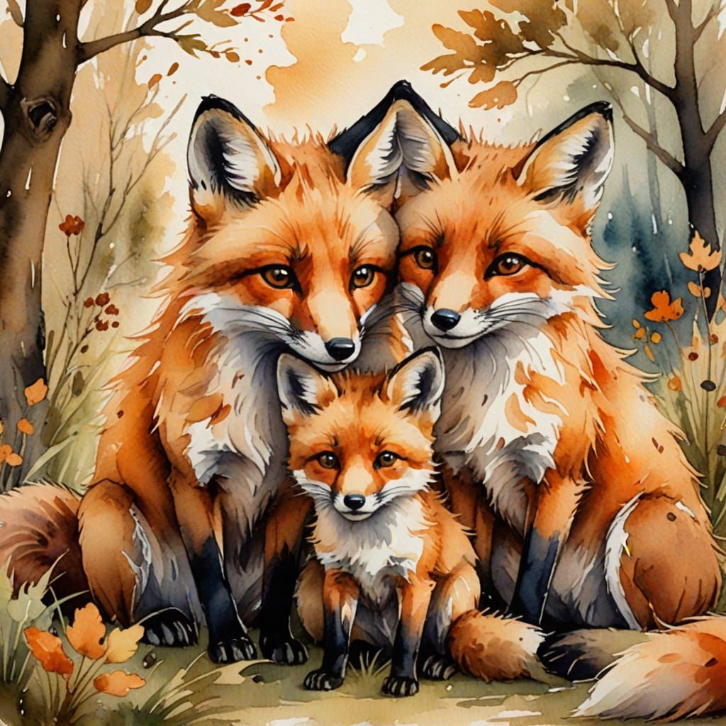 Watercolor Foxes Playing in a Rustic Landscape
