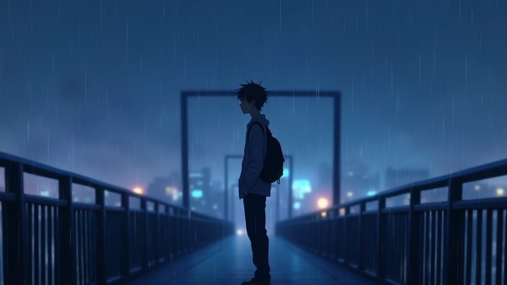 Anime Silhouette: Man on Bridge in Rainy Cityscape
