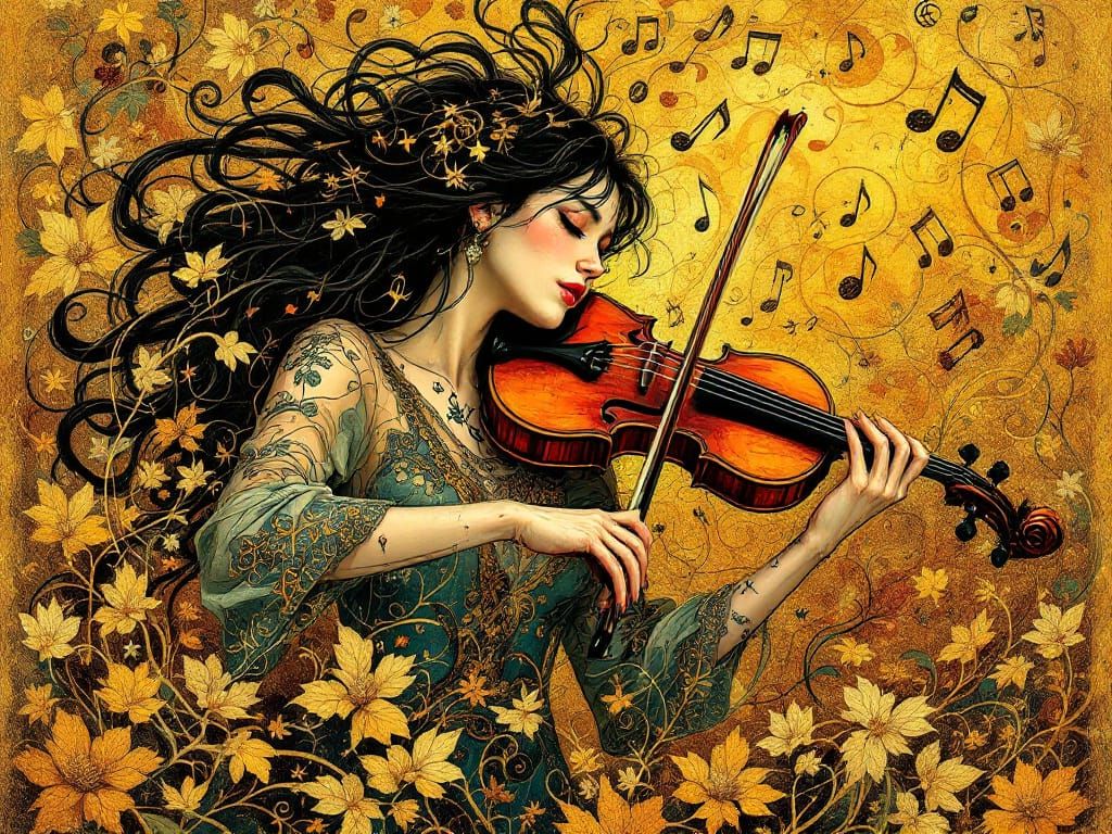 Passionate Violinist in Ornate Woodblock Style
