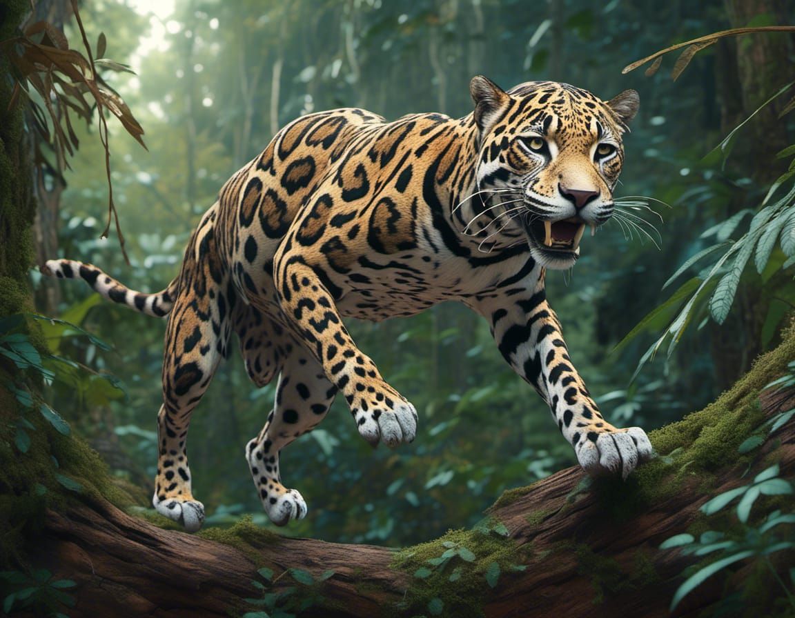 Jaguar Leaping Over Tree in Jungle Trail