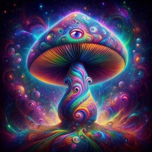 Vibrant Surrealist Masterpiece with Glowing Psychedelic Mush...