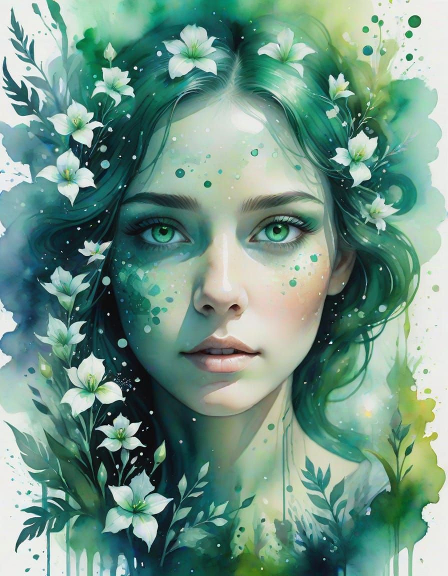 Ethereal Emerald Eyes Amidst Stardust and Flowers Watercolor...
