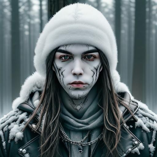 Metal Music Style Young Man in Winter Forest
