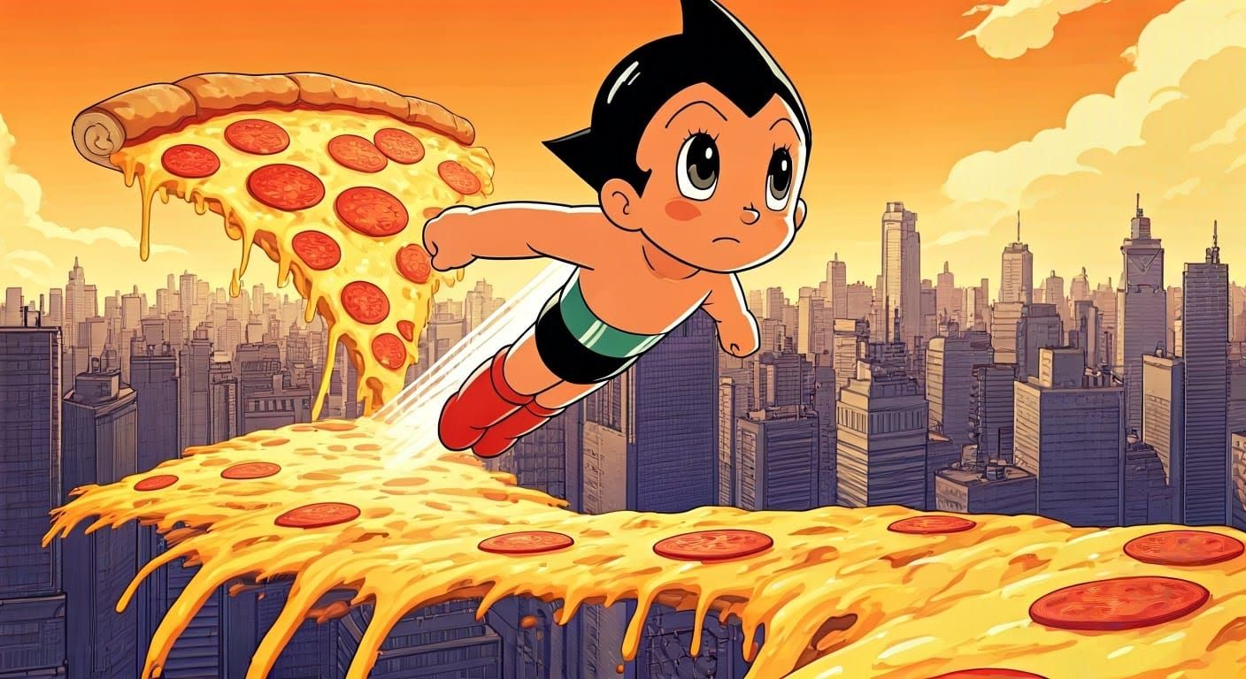 Astro Boy flies by a giant pizza monster