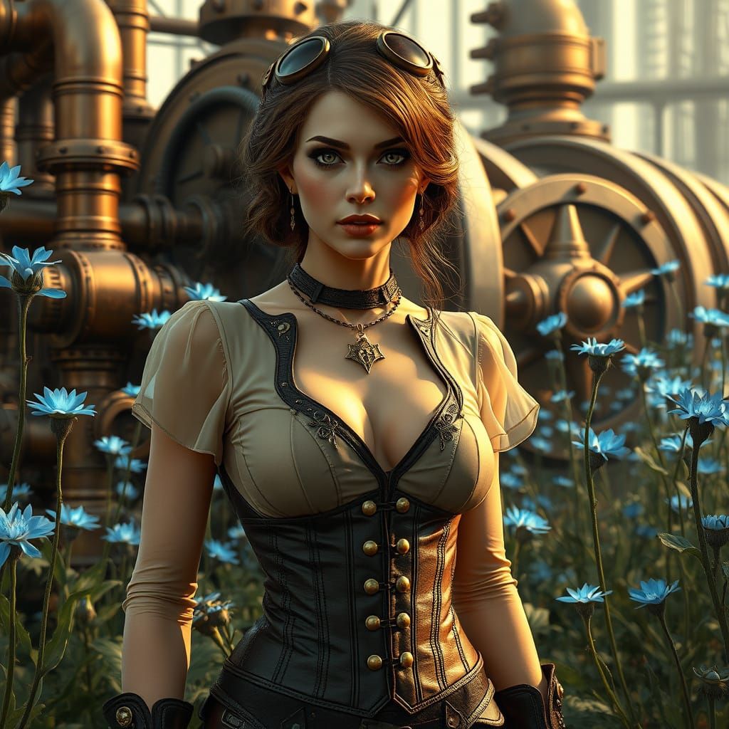 Steampunk Woman in Mechanical Garden, Syd Mead Style