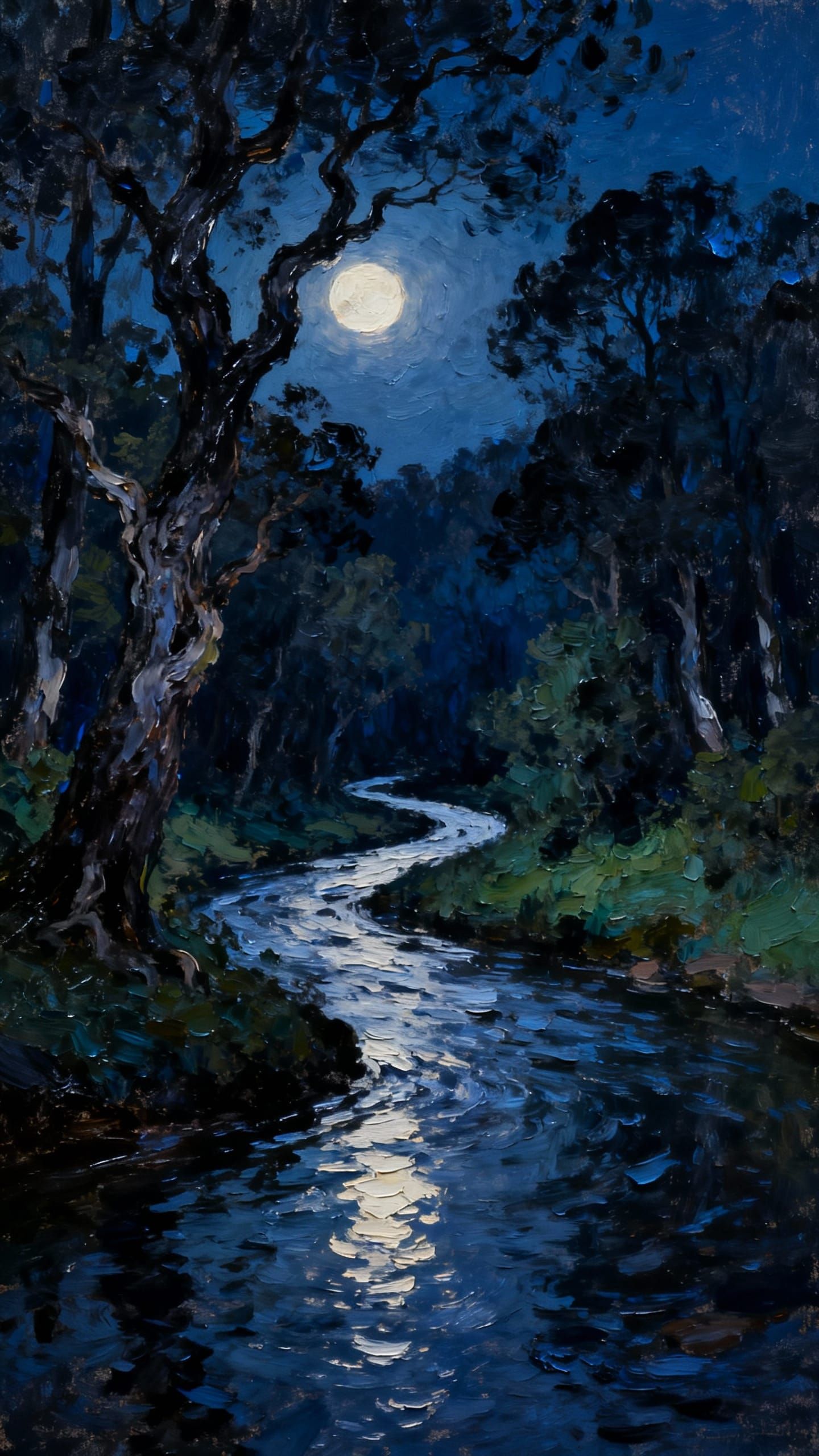 Impasto Painting of Winding River in Forest at Night
