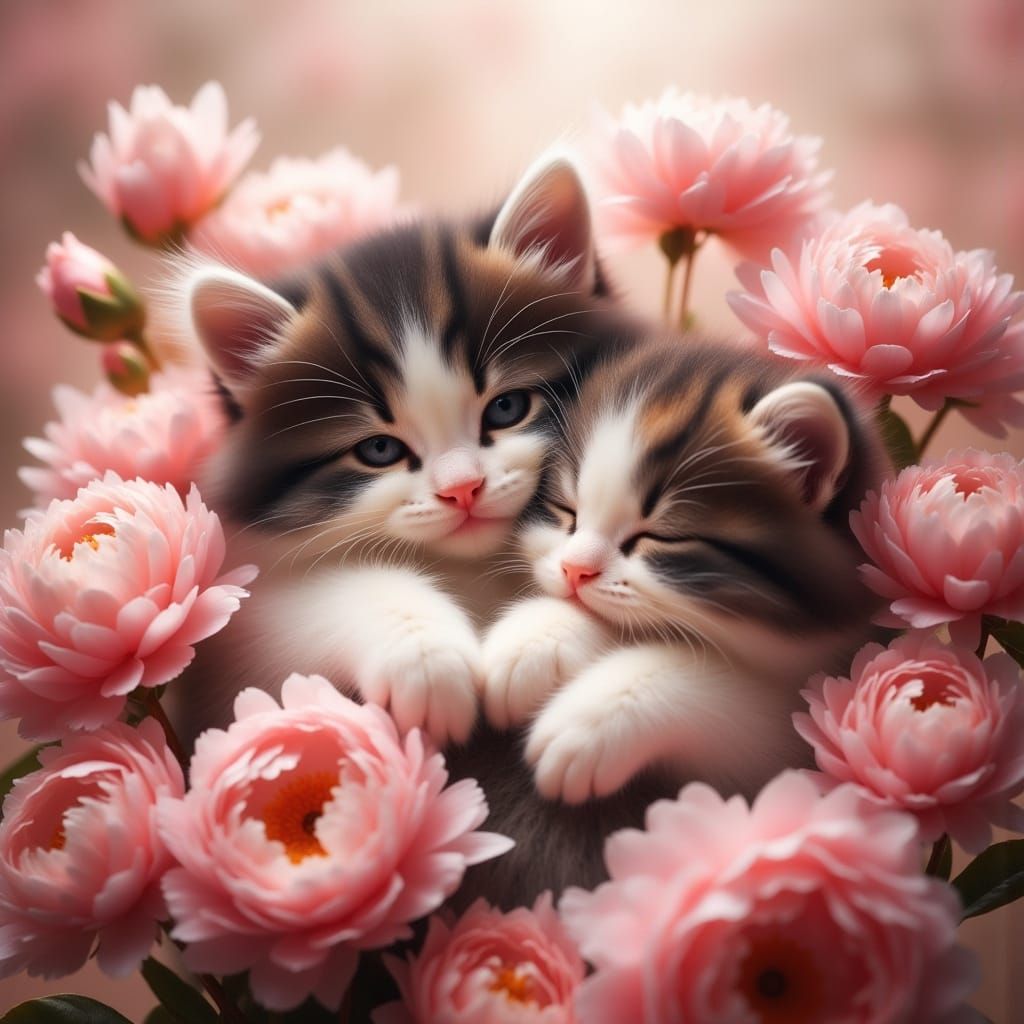 Ethereal Mother and Kitten in a Bouquet of Peonies