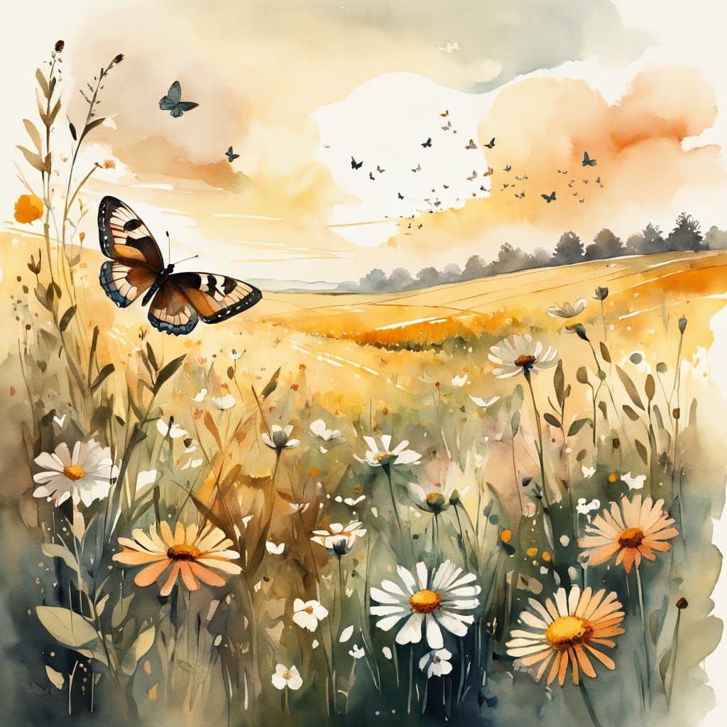 Ink Wash Watercolor Flower Meadow with Butterflies