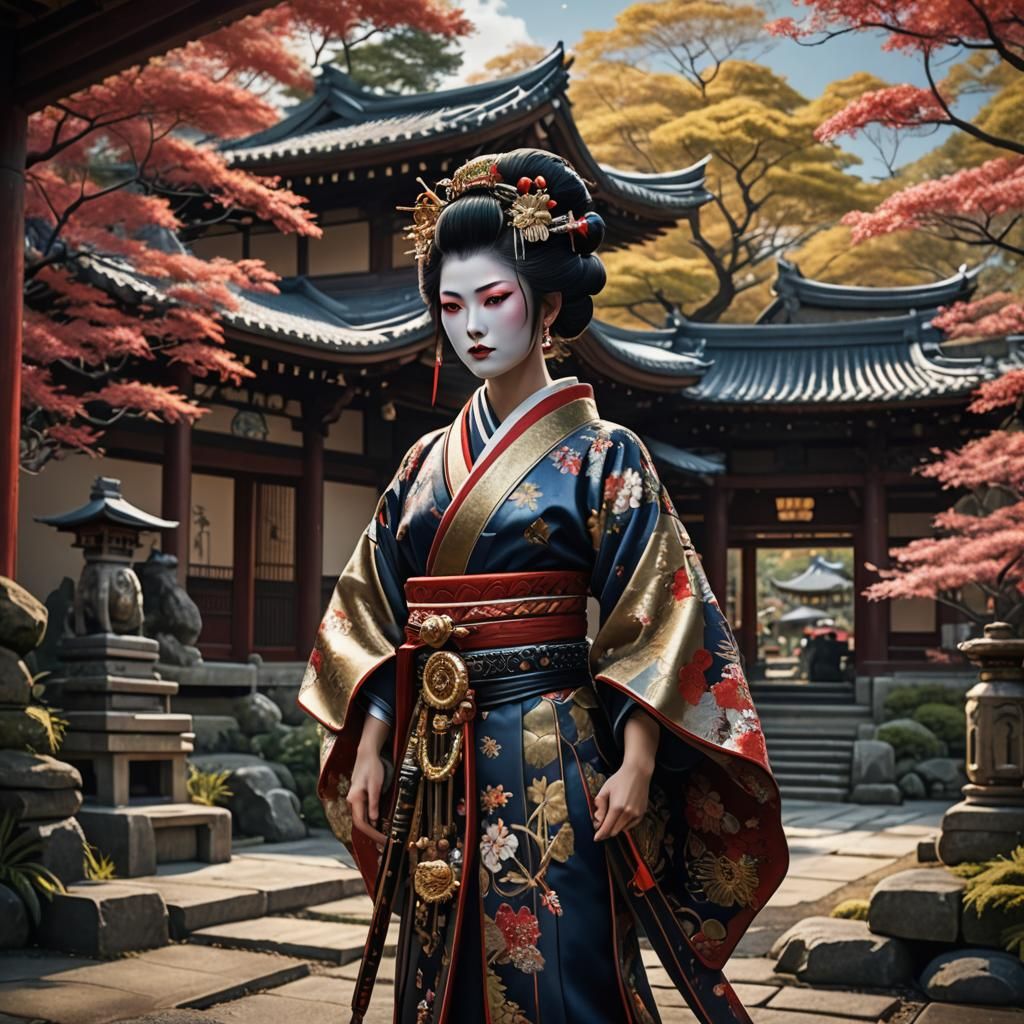 Geisha and Samurai in Japanese Garden