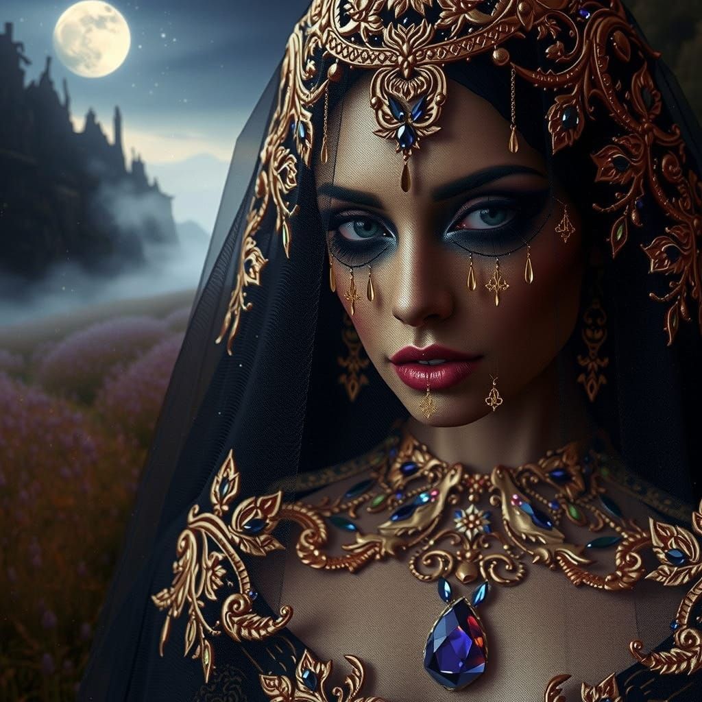 Gothic Bride in Moonlit Forest: Romantic Art