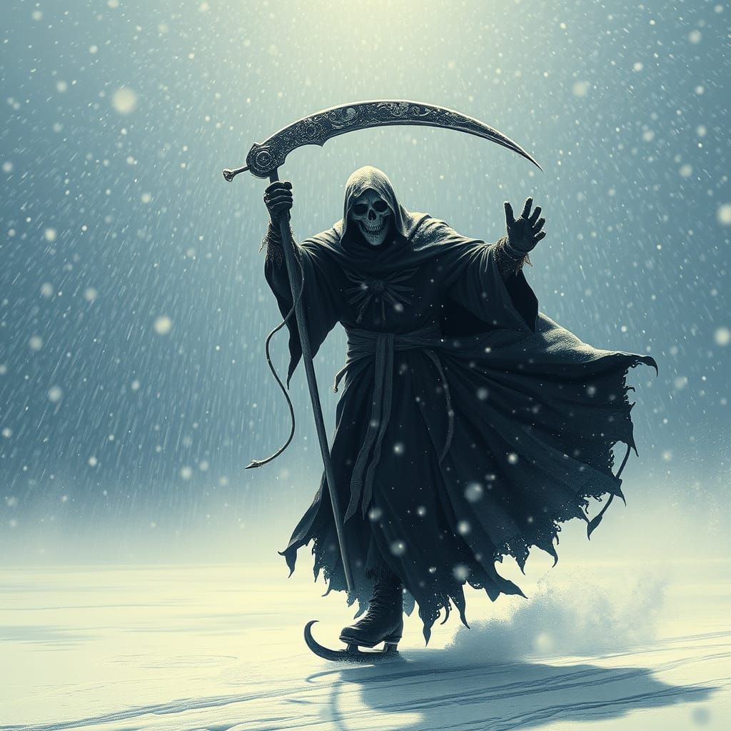 Grim Reaper Ice Skating in Snowstorm - Digital Matte Paintin...