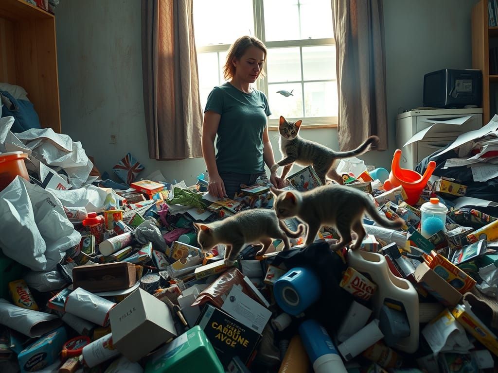 Overwhelmed Mother Surrounded by Child's Messy Room