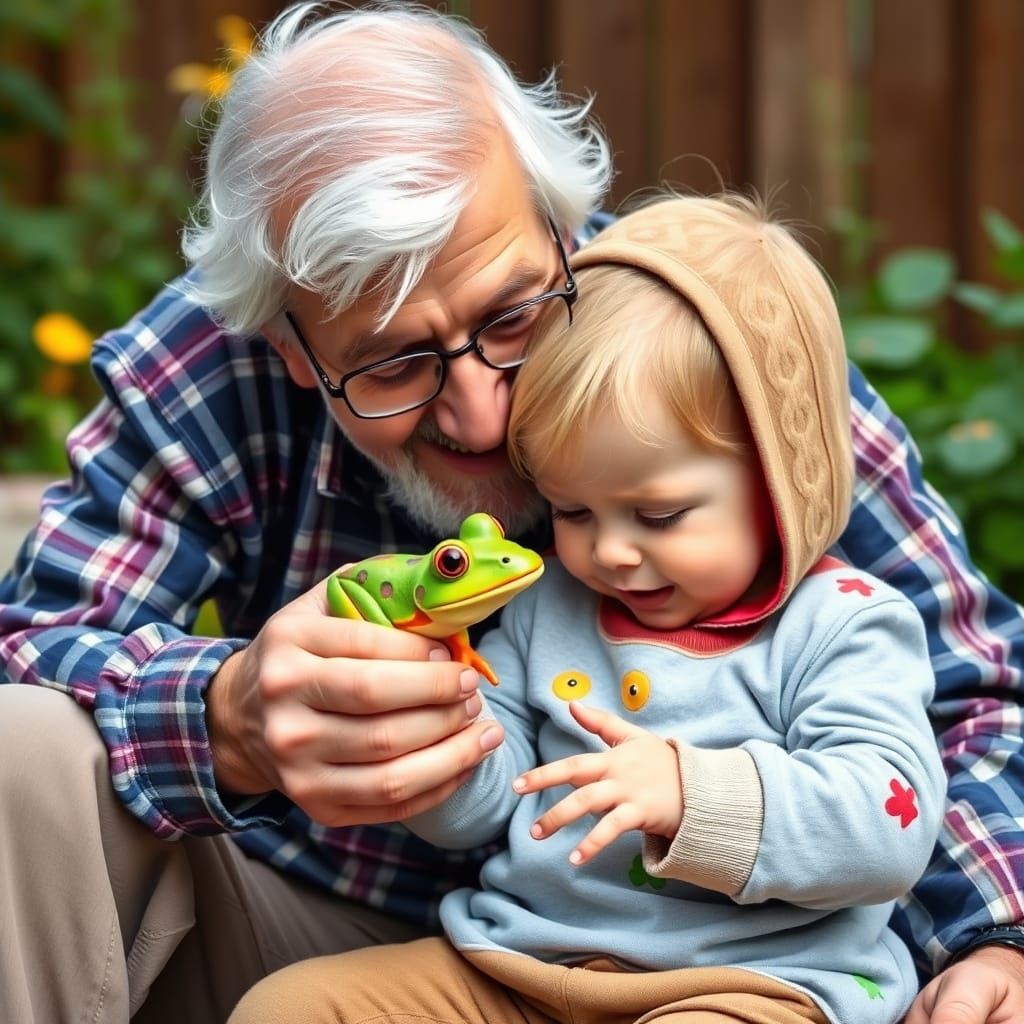 Grandfather and Toddler Play with Toy Frog