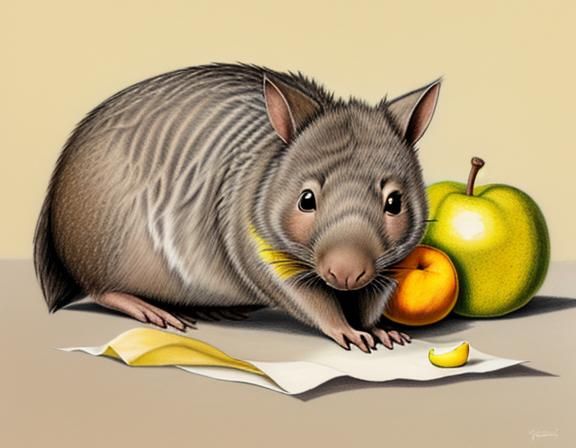 Wombat with Quince Fruit: Colored Pencil Sketch