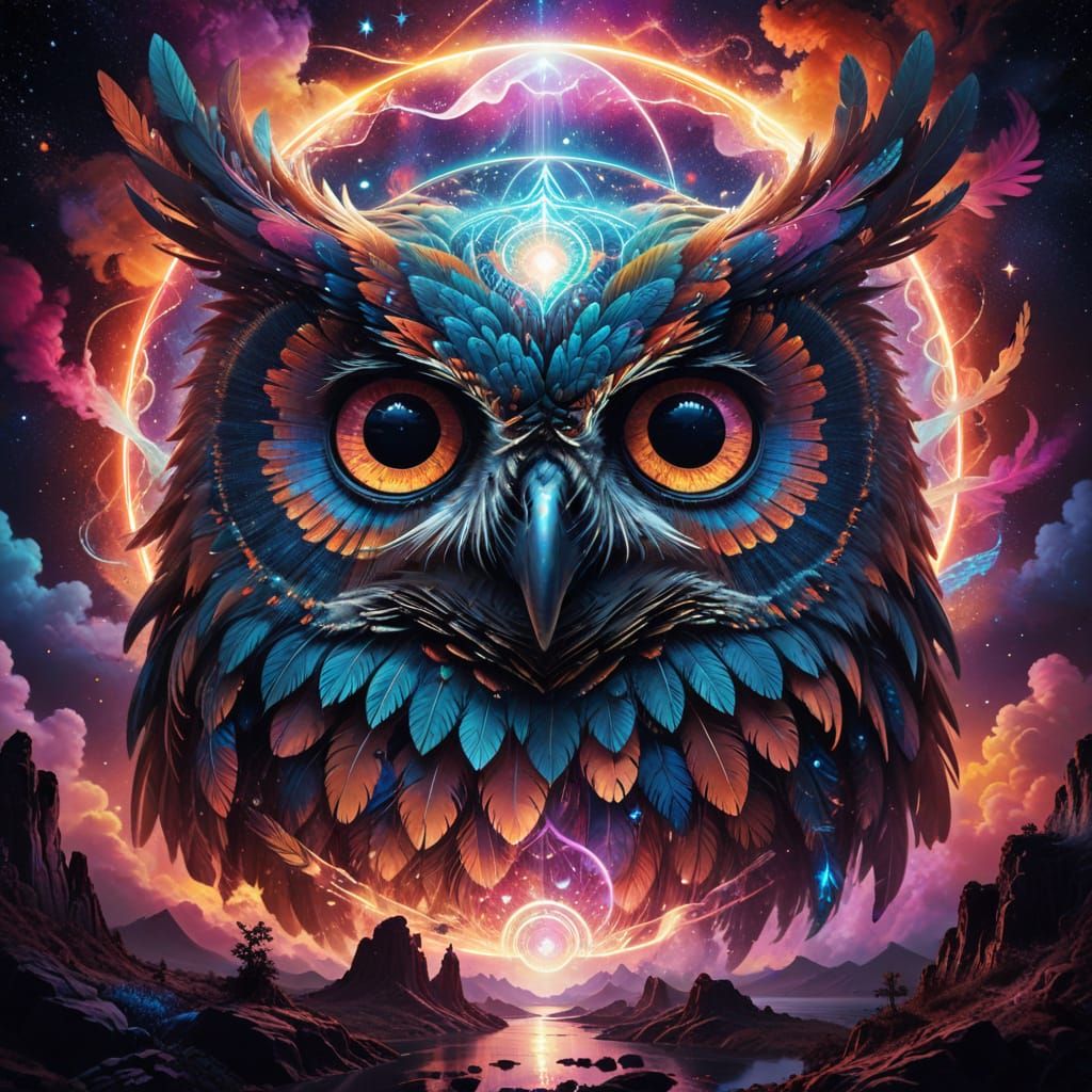 Cosmic Owl in Vibrant, Iridescent Colors