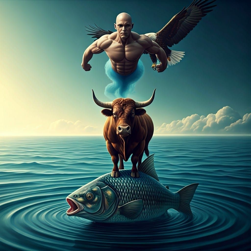 Muscular Genie soars above the Sea of Eternity, with Eagle, ...