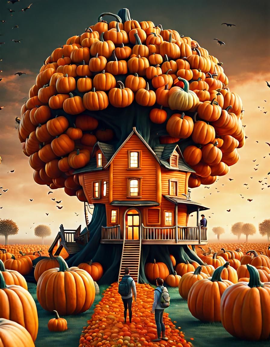 Surreal Pumpkin Treehouse Gathering in 8k