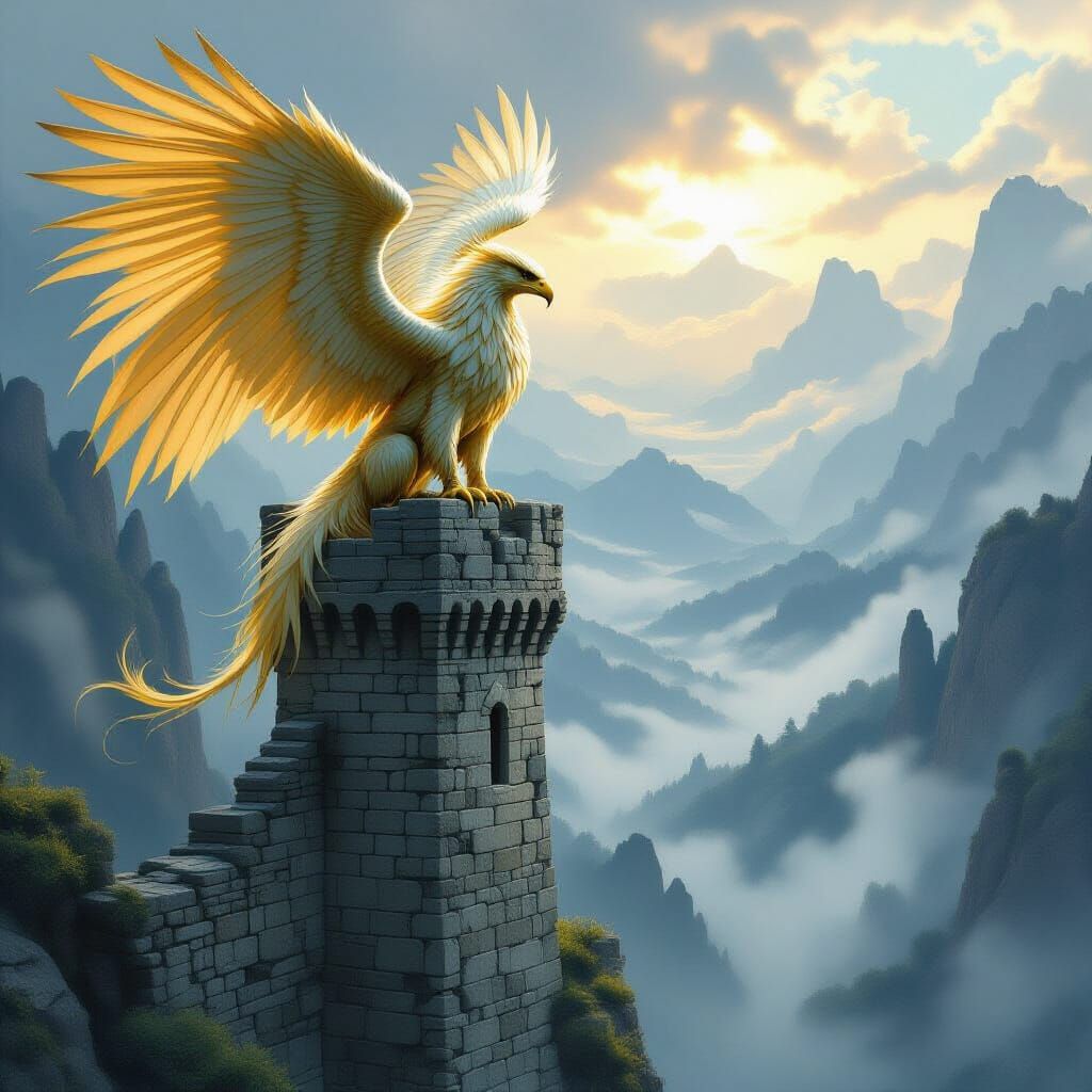 Majestic Griffin on Ancient Tower Overlooking Misty Valley