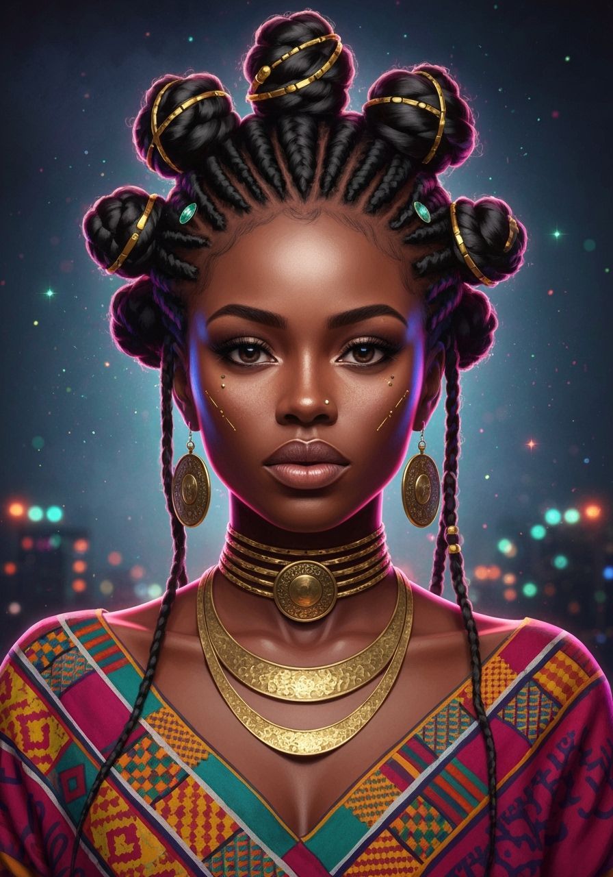 Afrofuturist Portrait of Radiant Black Woman with Gold Accen...