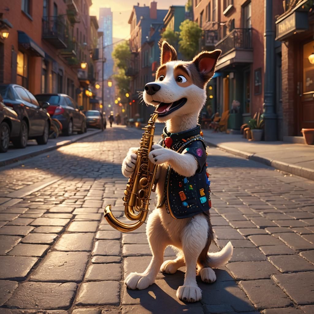 Pixar-Style Dog Plays Saxophone at Sunset